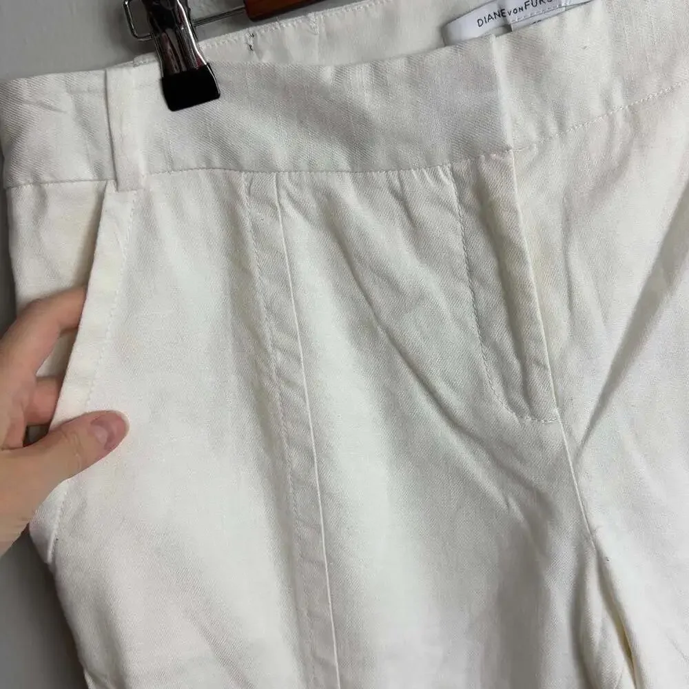 DVF Diane von Furstenberg White Carissa Linen Blend Trousers Size 12 Women’s